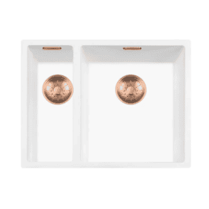 Lorreine 1534WQ-FU-Copper Luxe Anderhalve Keukenspoelbak Rechts Graniet Wit Met Korfplug Copper 15 x 40 + 34 x 40 Vlakbouw Of Onderbouw