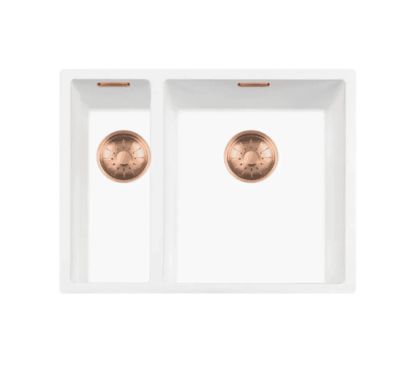 Lorreine 1534WQ-FU-Copper Luxe Anderhalve Keukenspoelbak Rechts Graniet Wit Met Korfplug Copper 15 x 40 + 34 x 40 Vlakbouw Of Onderbouw