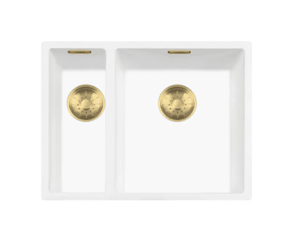 Lorreine 1534WQ-FU-Gold Luxe Anderhalve Keukenspoelbak Rechts Graniet Wit Met Korfplug Goud 15 x 40 + 34 x 40 Vlakbouw Of Onderbouw