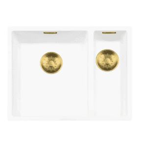 Lorreine 3415WQ-FU-Gold Luxe Anderhalve Keukenspoelbak Links Graniet Wit Met Korfplug Goud 34 x 40 + 15 x 40 Vlakbouw Of Onderbouw
