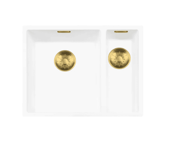 Lorreine 3415WQ-FU-Gold Luxe Anderhalve Keukenspoelbak Links Graniet Wit Met Korfplug Goud 34 x 40 + 15 x 40 Vlakbouw Of Onderbouw