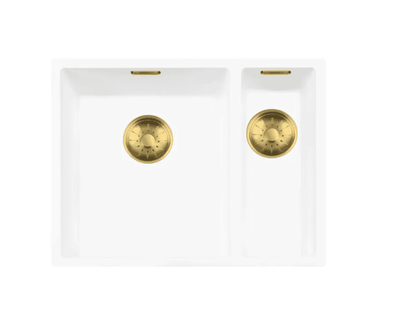 Lorreine 3415WQ-FU-Gold Luxe Anderhalve Keukenspoelbak Links Graniet Wit Met Korfplug Goud 34 x 40 + 15 x 40 Vlakbouw Of Onderbouw