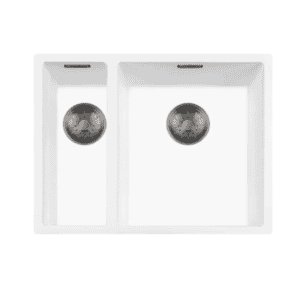Lorreine 1534WQ-FU-Gunmetal Luxe Anderhalve Keukenspoelbak Rechts Graniet Wit Met Korfplug Gun Metal 15 x 40 + 34 x 40 Vlakbouw Of Onderbouw