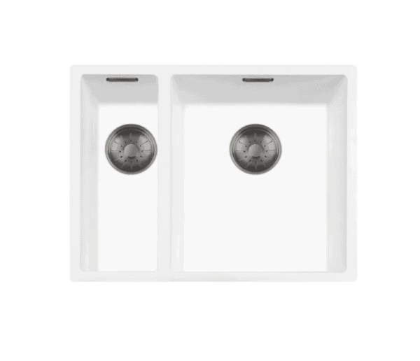Lorreine 1534WQ-FU-Gunmetal Luxe Anderhalve Keukenspoelbak Rechts Graniet Wit Met Korfplug Gun Metal 15 x 40 + 34 x 40 Vlakbouw Of Onderbouw