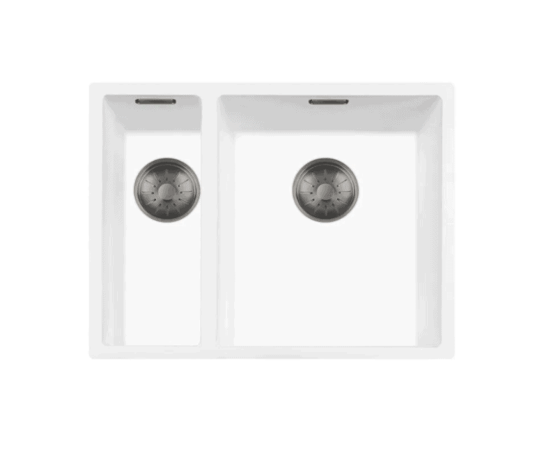 Lorreine 1534WQ-FU-Gunmetal Luxe Anderhalve Keukenspoelbak Rechts Graniet Wit Met Korfplug Gun Metal 15 x 40 + 34 x 40 Vlakbouw Of Onderbouw