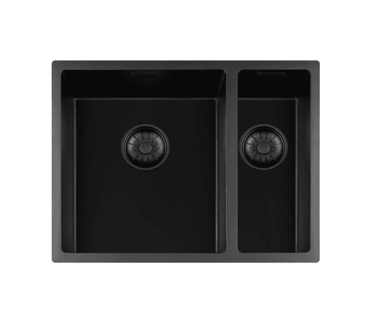 Lorreine 3415BQ-FU Luxe Anderhalve Keukenspoelbak Graniet Zwart Met Korfplug Zwart 34 x 40 + 15 x 40 Vlakbouw Of Onderbouw