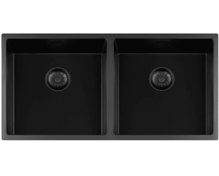 Lorreine 4040BQ-FU Luxe Dubbele Keukenspoelbak Graniet Zwart Met Korfplug Zwart 40 x 40 + 40 x 40 Vlakbouw Of Onderbouw