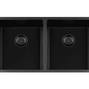 Lorreine 3434BQ-FU Luxe Dubbele Keukenspoelbak Graniet Zwart Met Korfplug Zwart 34 x 40 + 34 x 40 Vlakbouw Of Onderbouw