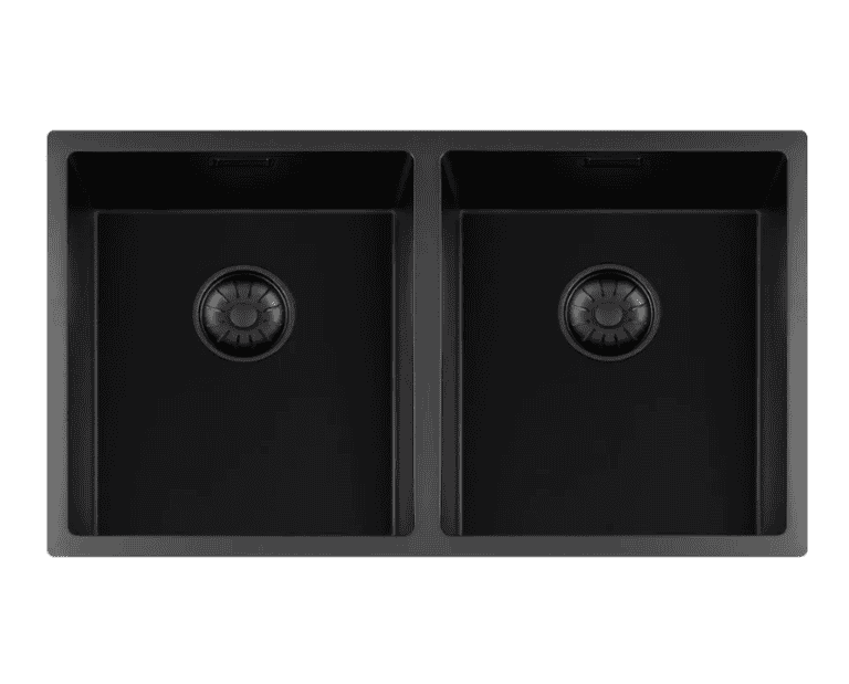 Lorreine 3434BQ-FU Luxe Dubbele Keukenspoelbak Graniet Zwart Met Korfplug Zwart 34 x 40 + 34 x 40 Vlakbouw Of Onderbouw