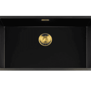 Lorreine 74BQ-FU-Gold Luxe Enkele Keukenspoelbak Graniet Zwart Met Korfplug Goud 74 x 40 Vlakbouw Of Onderbouw