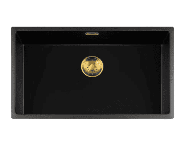 Lorreine 74BQ-FU-Gold Luxe Enkele Keukenspoelbak Graniet Zwart Met Korfplug Goud 74 x 40 Vlakbouw Of Onderbouw