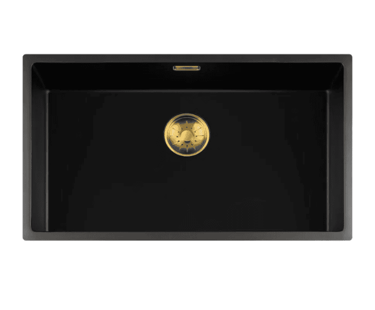 Lorreine 74BQ-FU-Gold Luxe Enkele Keukenspoelbak Graniet Zwart Met Korfplug Goud 74 x 40 Vlakbouw Of Onderbouw