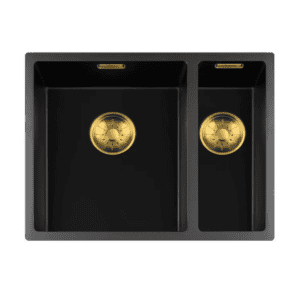 Lorreine 3415BQ-FU-Gold Luxe Anderhalve Keukenspoelbak Graniet Zwart Met Korfplug Goud 34 x 40 + 15 x 40 Vlakbouw Of Onderbouw