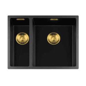 Lorreine 1534BQ-FU-Gold Luxe Anderhalve Keukenspoelbak Graniet Zwart Met Korfplug Gold 15 x 40 + 34 x 40 Vlakbouw Of Onderbouw