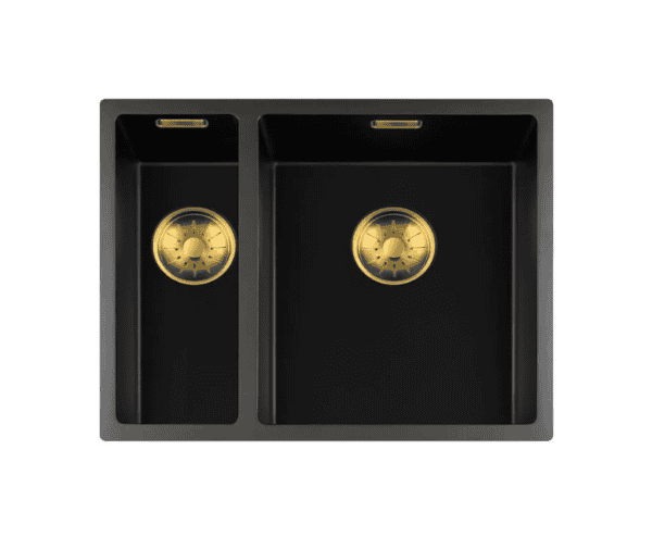 Lorreine 1534BQ-FU-Gold Luxe Anderhalve Keukenspoelbak Graniet Zwart Met Korfplug Gold 15 x 40 + 34 x 40 Vlakbouw Of Onderbouw