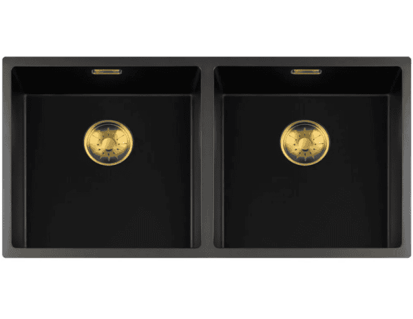 Lorreine 4040BQ-FU-Gold Luxe Dubbele Keukenspoelbak Graniet Zwart Met Korfplug Goud 40 x 40 + 40 x 40 Vlakbouw Of Onderbouw
