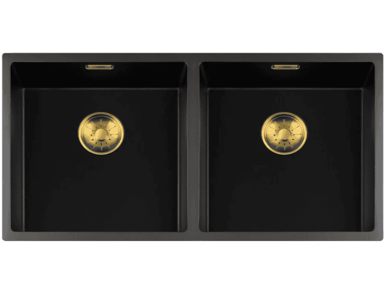 Lorreine 4040BQ-FU-Gold Luxe Dubbele Keukenspoelbak Graniet Zwart Met Korfplug Goud 40 x 40 + 40 x 40 Vlakbouw Of Onderbouw