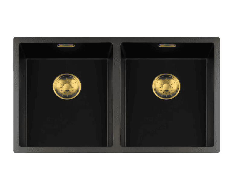 Lorreine 3434BQ-FU-Gold Luxe Dubbele Keukenspoelbak Graniet Zwart Met Korfplug Goud 34 x 40 + 34 x 40 Vlakbouw Of Onderbouw