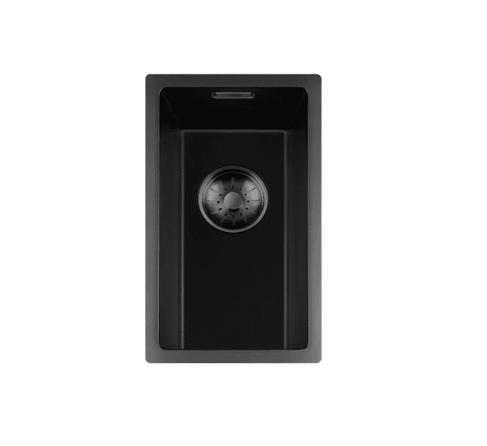 Lorreine 17BQ-FU-Gunmetal Luxe Enkele Keukenspoelbak Graniet Zwart Met Korfplug Gun Metal 17 x 40 Vlakbouw Of Onderbouw