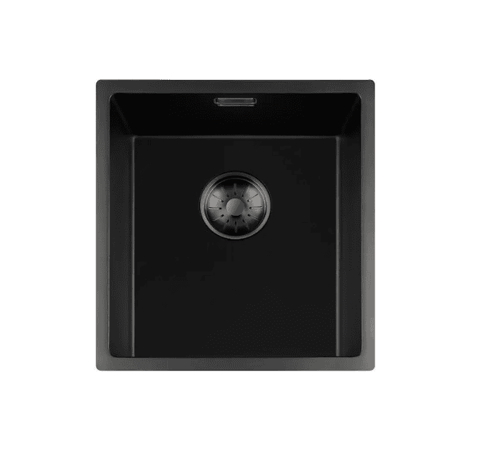 Lorreine 34BQ-FU-Gunmetal Luxe Enkele Keukenspoelbak Graniet Zwart Met Korfplug Gun Metal 34 x 40 Vlakbouw Of Onderbouw