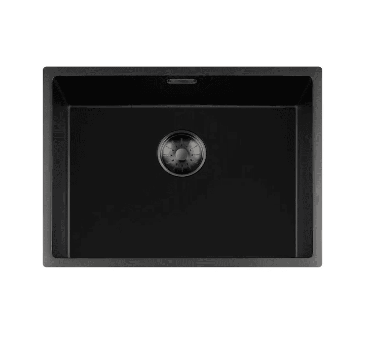 Lorreine 55BQ-FU-Gunmetal Luxe Enkele Keukenspoelbak Graniet Zwart Met Korfplug Gun Metal 55 x 40 Vlakbouw Of Onderbouw