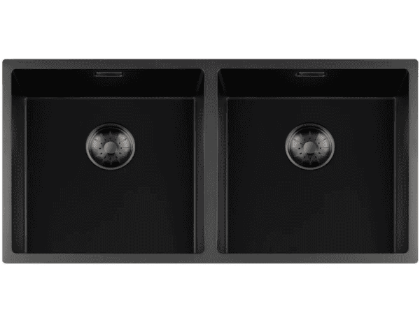 Lorreine 4040BQ-FU-Gunmetal Luxe Dubbele Keukenspoelbak Graniet Zwart Met Korfplug Gun Metal 40 x 40 + 40 x 40 Vlakbouw Of Onderbouw