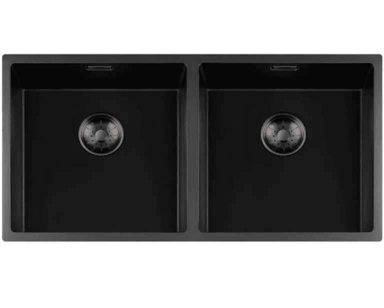 Lorreine 4040BQ-FU-Gunmetal Luxe Dubbele Keukenspoelbak Graniet Zwart Met Korfplug Gun Metal 40 x 40 + 40 x 40 Vlakbouw Of Onderbouw