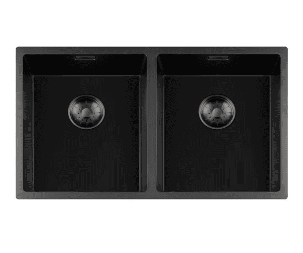 Lorreine 3434BQ-FU-Gunmetal Luxe Dubbele Keukenspoelbak Graniet Zwart Met Korfplug Gun Metal 34 x 40 + 34 x 40 Vlakbouw Of Onderbouw