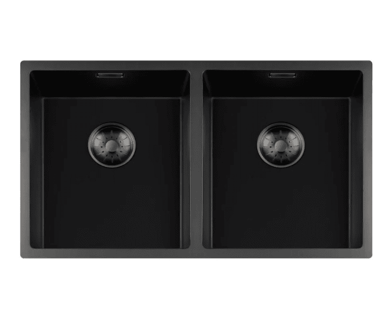 Lorreine 3434BQ-FU-Gunmetal Luxe Dubbele Keukenspoelbak Graniet Zwart Met Korfplug Gun Metal 34 x 40 + 34 x 40 Vlakbouw Of Onderbouw
