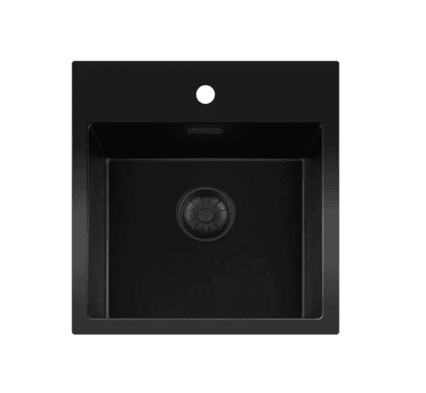 Lorreine 40BQ37TH-T Luxe Enkele Keukenspoelbak Met Kraangat Graniet Zwart Met Korfplug Zwart 40 x 37 Opbouw