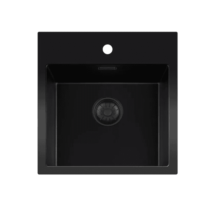 Lorreine 40BQ37TH-T Luxe Enkele Keukenspoelbak Met Kraangat Graniet Zwart Met Korfplug Zwart 40 x 37 Opbouw