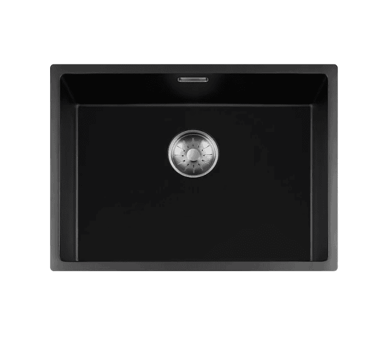 Lorreine 55BQ-FU-Inox Luxe Enkele Keukenspoelbak Graniet Zwart Met Korfplug RVS 55 x 40 Vlakbouw Of Onderbouw