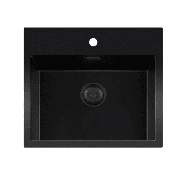 Lorreine 50BQ37TH-T Luxe Enkele Keukenspoelbak Met Kraangat Graniet Zwart Met Korfplug Zwart 50 x 37 Opbouw