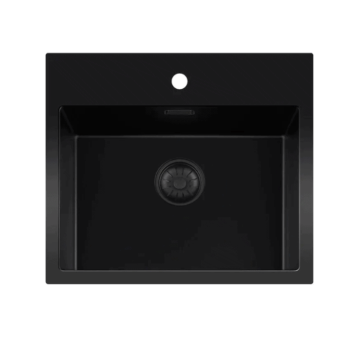 Lorreine 50BQ37TH-T Luxe Enkele Keukenspoelbak Met Kraangat Graniet Zwart Met Korfplug Zwart 50 x 37 Opbouw