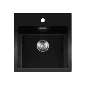 Lorreine 40BQ37TH-T-Inox Luxe Enkele Keukenspoelbak Met Kraangat Graniet Zwart Met Korfplug RVS 40 x 37 Opbouw