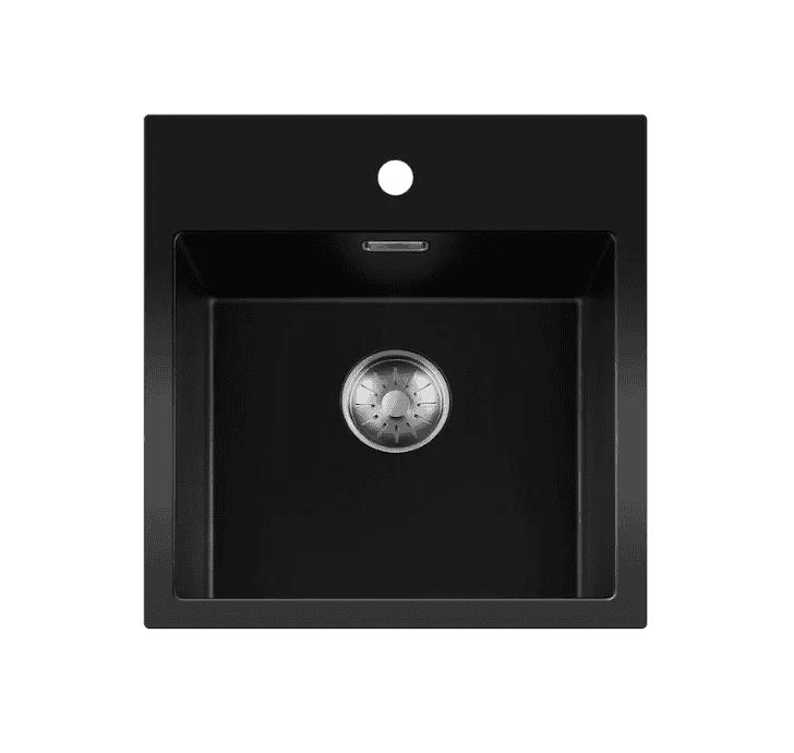 Lorreine 40BQ37TH-T-Inox Luxe Enkele Keukenspoelbak Met Kraangat Graniet Zwart Met Korfplug RVS 40 x 37 Opbouw