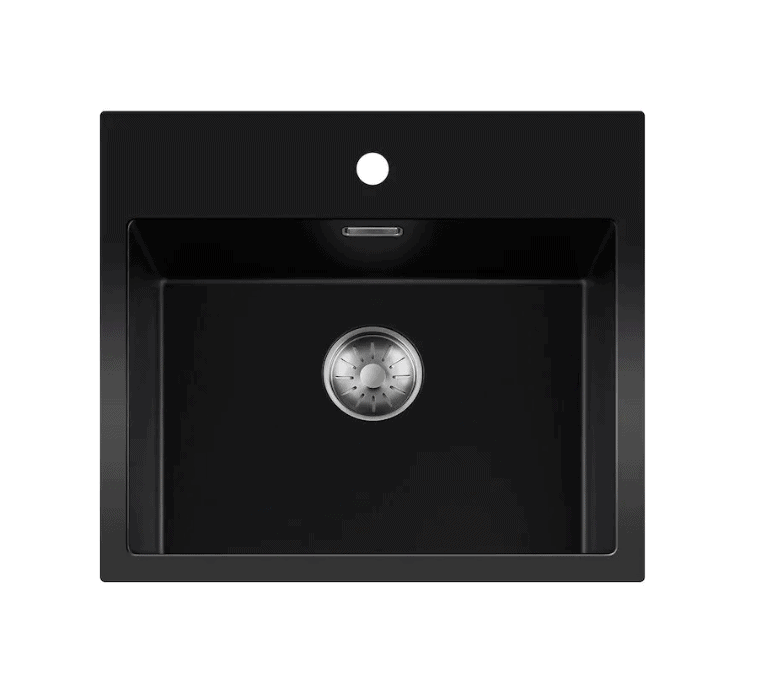 Lorreine 50BQ37TH-T-Inox Luxe Enkele Keukenspoelbak Met Kraangat Graniet Zwart Met Korfplug RVS 50 x 37 Opbouw