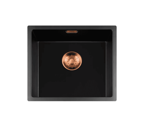 Lorreine 40BQ37-FU-Copper Luxe Enkele Keukenspoelbak Graniet Zwart Met Korfplug Copper 40 x 37 Vlakbouw Of Onderbouw