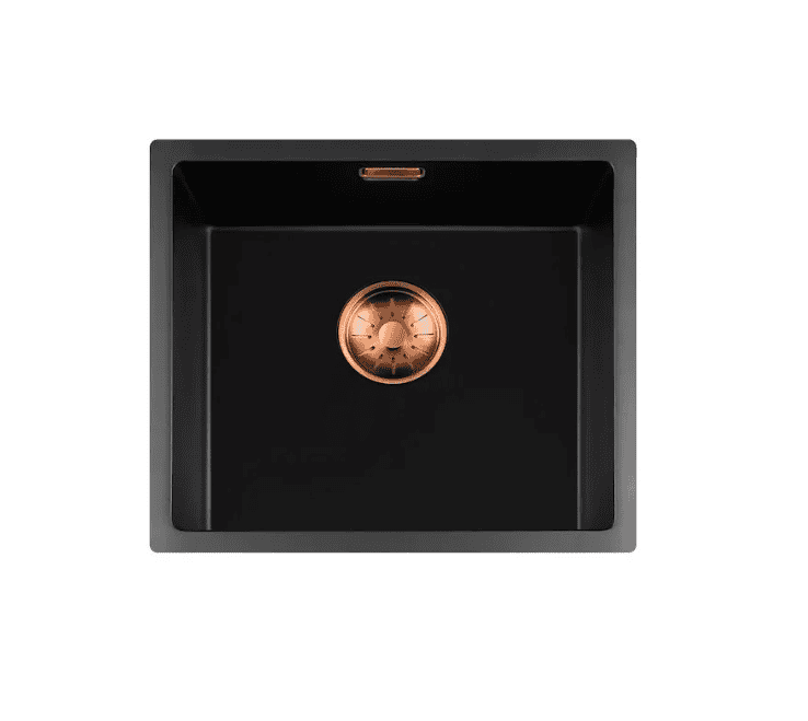 Lorreine 40BQ37-FU-Copper Luxe Enkele Keukenspoelbak Graniet Zwart Met Korfplug Copper 40 x 37 Vlakbouw Of Onderbouw