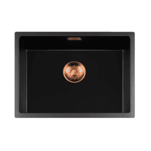 Lorreine 50BQ37-FU-Copper Luxe Enkele Keukenspoelbak Graniet Zwart Met Korfplug Copper 50 x 37 Vlakbouw Of Onderbouw