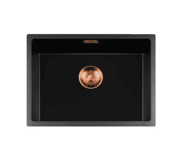 Lorreine 50BQ37-FU-Copper Luxe Enkele Keukenspoelbak Graniet Zwart Met Korfplug Copper 50 x 37 Vlakbouw Of Onderbouw
