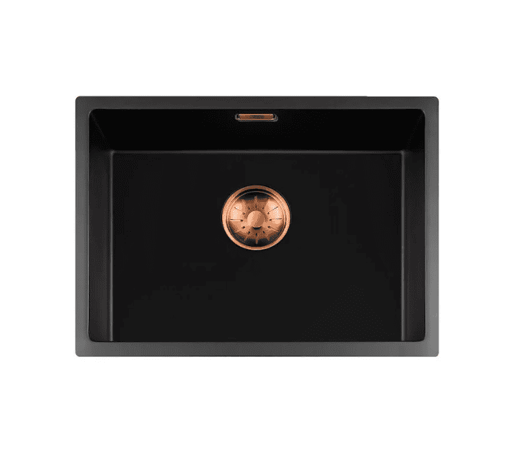 Lorreine 50BQ37-FU-Copper Luxe Enkele Keukenspoelbak Graniet Zwart Met Korfplug Copper 50 x 37 Vlakbouw Of Onderbouw