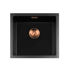 Lorreine 40BQ-T-Copper Luxe Enkele Keukenspoelbak Graniet Zwart Met Korfplug Copper 40 x 40 Opbouw