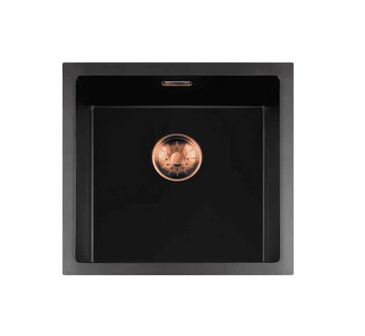 Lorreine 40BQ-T-Copper Luxe Enkele Keukenspoelbak Graniet Zwart Met Korfplug Copper 40 x 40 Opbouw