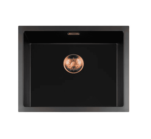 Lorreine 50BQ-T-Copper Luxe Enkele Keukenspoelbak Graniet Zwart Met Korfplug Copper 50 x 40 Opbouw