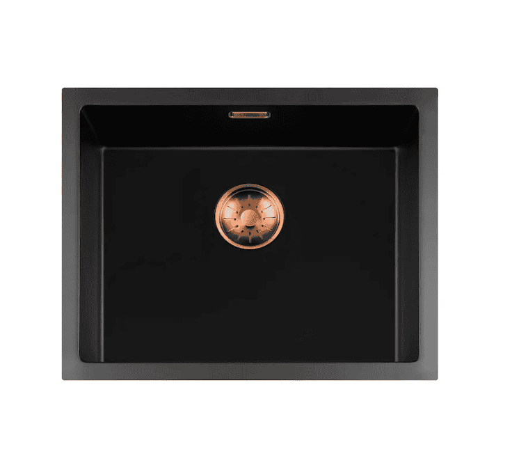 Lorreine 50BQ-T-Copper Luxe Enkele Keukenspoelbak Graniet Zwart Met Korfplug Copper 50 x 40 Opbouw