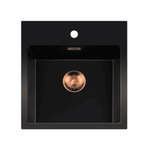 Lorreine 40BQ37TH-T-Copper Luxe Enkele Keukenspoelbak Met Kraangat Graniet Zwart Met Korfplug Copper 40 x 37 Opbouw