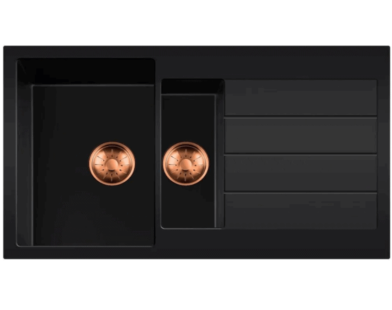 Lorreine 3415BQ44DB-T-Copper Luxe Anderhalve Keukenspoelbak Graniet Zwart Met Korfplug Copper 96 x 50 Opbouw
