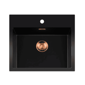 Lorreine 50BQ37TH-T-Copper Luxe Enkele Keukenspoelbak Met Kraangat Graniet Zwart Met Korfplug Copper 50 x 37 Opbouw