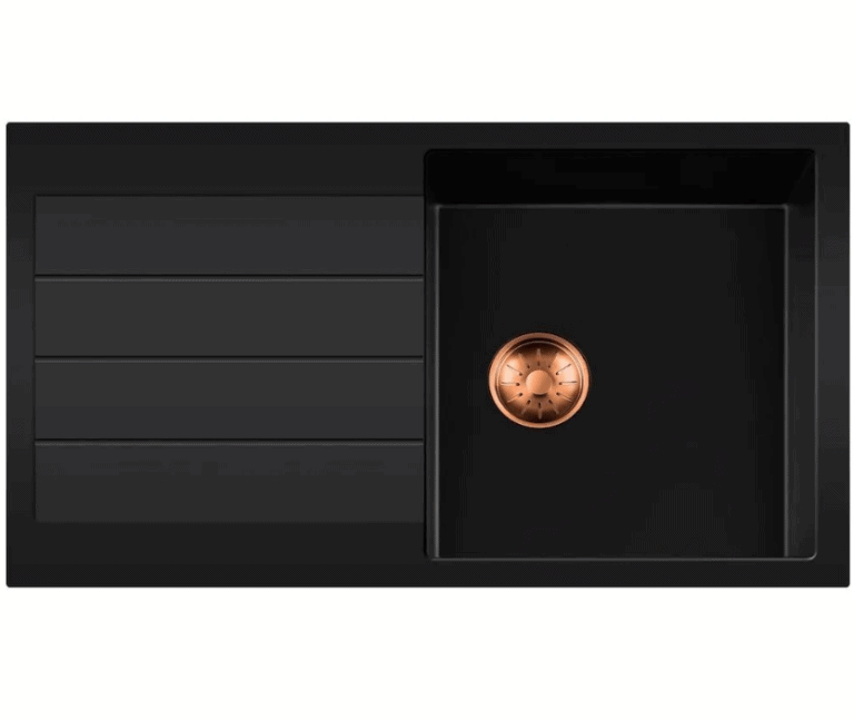 Lorreine 45BQ44DB-T-Copper Luxe Enkele Keukenspoelbak Graniet Zwart Met Korfplug Copper 96 x 50 Opbouw
